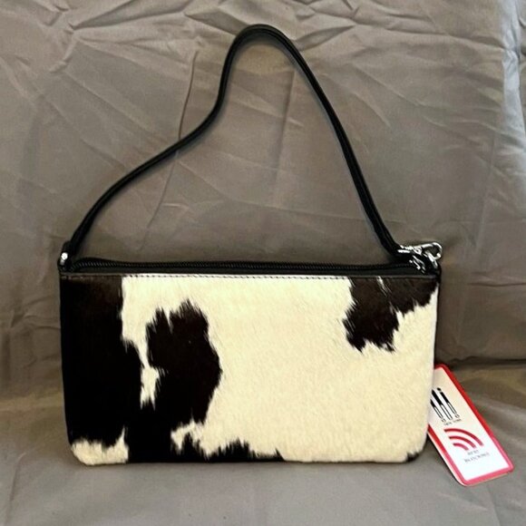 Black Cow Print Haircalf Leather Convertible Baguette Wristlet, NWT - Picture 1 of 4